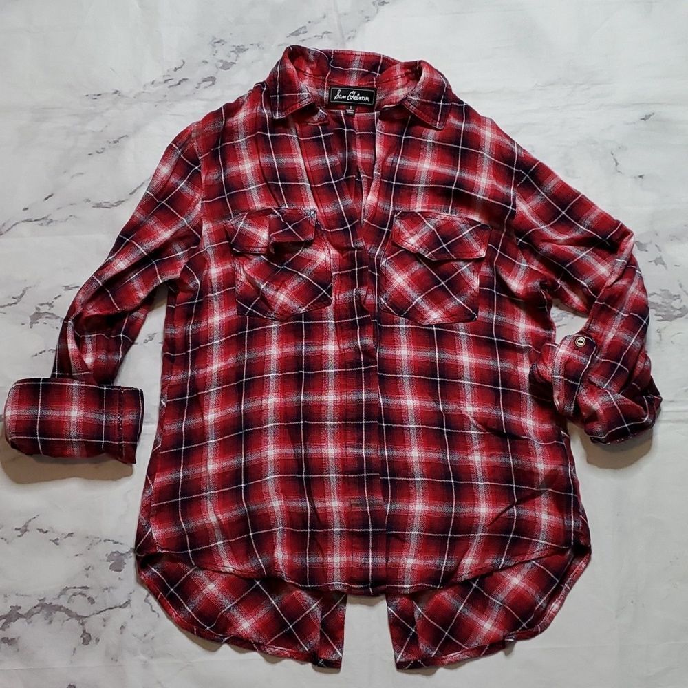 Sam Edelman Red Plaid Button Up with Zipper Cold Shoulders